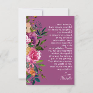 Tarjeta De Agradecimiento Cumpleaños Femenino Floral Rosa Purpura