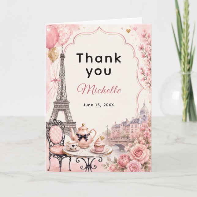Tarjeta De Agradecimiento Cumpleaños Fiesta del Té Rosa París (Anverso)