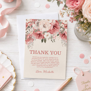 Tarjeta De Agradecimiento Cumpleaños floral acuarela rosa rojo crema
