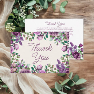 Tarjeta De Agradecimiento Cumpleaños floral acuarela verde menta púrpura