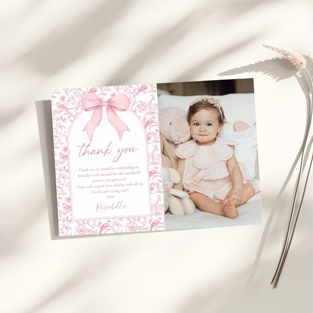 Tarjeta De Agradecimiento Cumpleaños Floral Chinoiserie Lazo Rosa Toile (Subido por el creador)