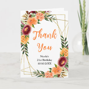 Tarjeta De Agradecimiento Cumpleaños Floral de Borgoña y Naranja de Otoño