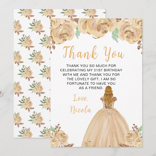 Tarjeta De Agradecimiento Cumpleaños floral de la princesa de cabello rubio  (Anverso / Reverso)