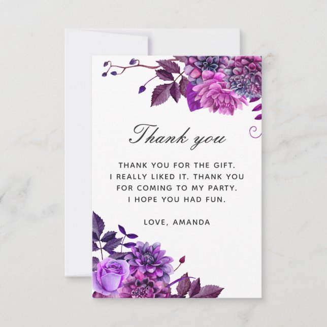 Tarjeta De Agradecimiento Cumpleaños floral de lila púrpura en acuarela eleg (Anverso)
