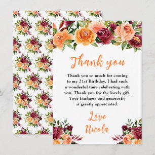 Tarjeta De Agradecimiento Cumpleaños Floral de Otoño Borgoña y Naranja