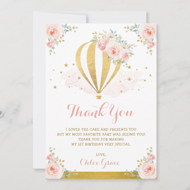 Tarjeta De Agradecimiento Cumpleaños floral del globo del aire caliente del (Anverso)