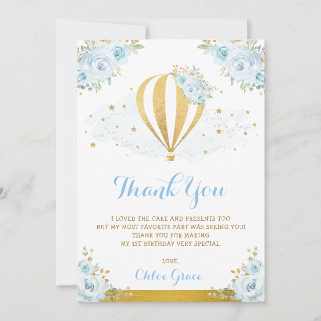 Tarjeta De Agradecimiento Cumpleaños floral del globo del aire caliente del (Anverso)