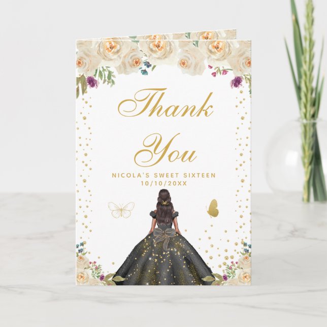 Tarjeta De Agradecimiento Cumpleaños Floral Oscuro Dulce Dieciséis (Anverso)
