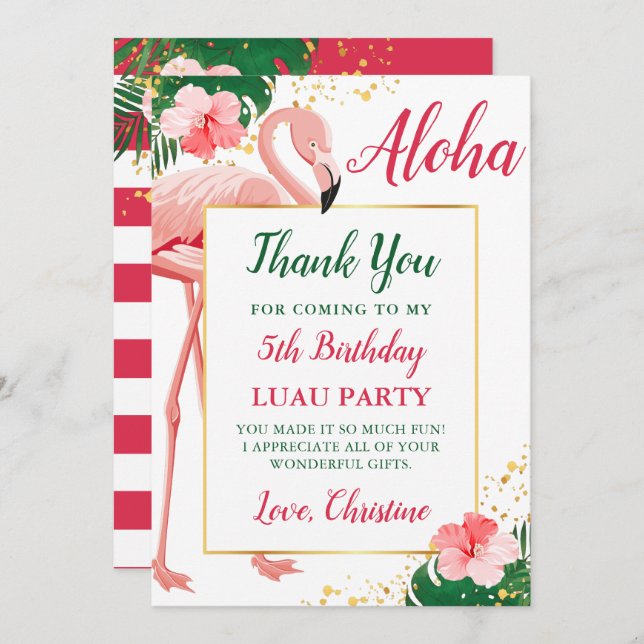 Tarjeta De Agradecimiento Cumpleaños Floral Rosa Flamenco Tropical Aloha (Anverso / Reverso)