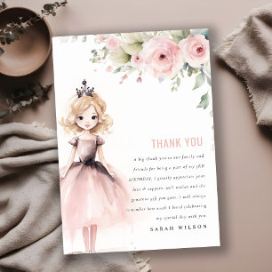 Tarjeta De Agradecimiento Cumpleaños Floral Rosa Princesa Pequeña Linda