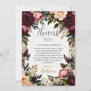 Tarjeta De Agradecimiento Cumpleaños floral vintage de borgoña y rubor