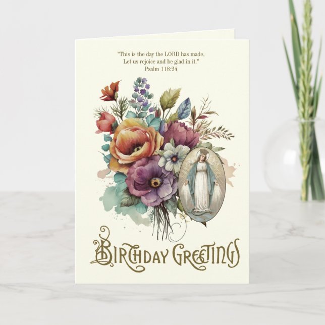 Tarjeta De Agradecimiento Cumpleaños Floral Virgen Religiosa María (Anverso)