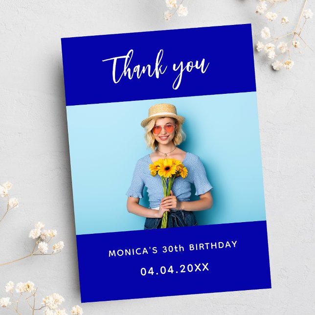 Tarjeta De Agradecimiento Cumpleaños foto azul real simple elegante (Subido por el creador)