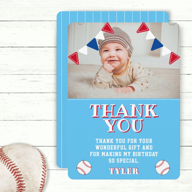 Tarjeta De Agradecimiento Cumpleaños Foto de Niño de Béisbol Azul Adorable (Subido por el creador)
