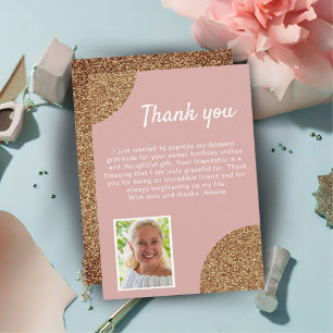 Tarjeta De Agradecimiento Cumpleaños Foto Elegante Glitter Rosa Dorado