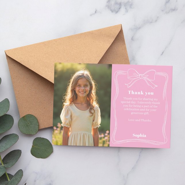 Tarjeta De Agradecimiento Cumpleaños foto niña lazo rosa (Subido por el creador)