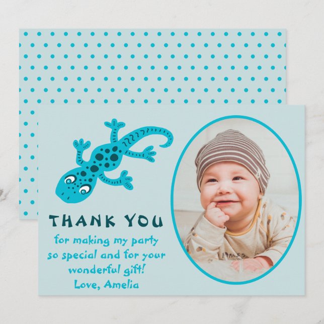 Tarjeta De Agradecimiento Cumpleaños Foto Niño Lagarto Gecko Azul Bonito  (Anverso / Reverso)