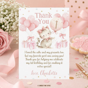 Tarjeta De Agradecimiento Cumpleaños Gatito Adorable Globos Rosados 1er 2do