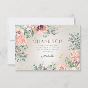 Tarjeta De Agradecimiento Cumpleaños Gracias Rosa Floral Dorado Brillante