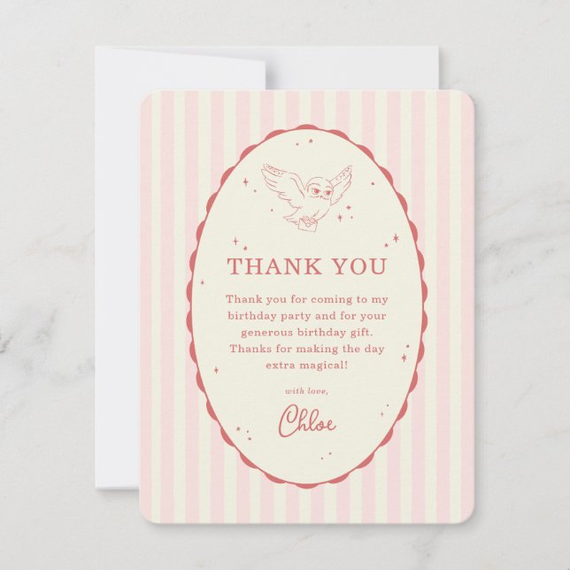 Tarjeta De Agradecimiento Cumpleaños Harry Potter Hedwig Raya Rosa (Anverso)