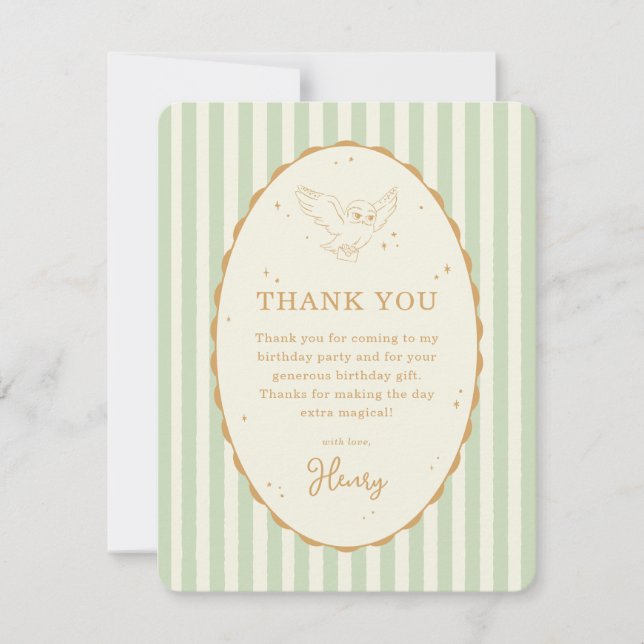 Tarjeta De Agradecimiento Cumpleaños Harry Potter Hedwig Verde Raya (Anverso)