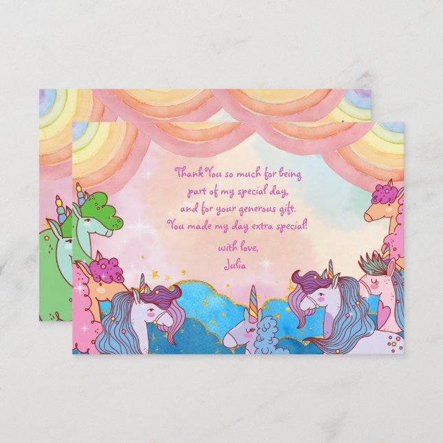 Tarjeta De Agradecimiento Cumpleaños infantil arcoíris de unicornio pastel (Anverso / Reverso)