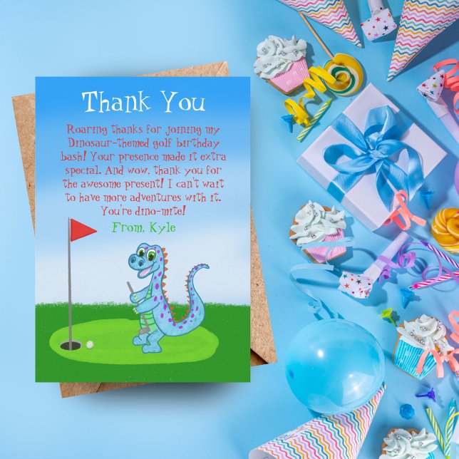 Tarjeta De Agradecimiento Cumpleaños infantil con tema de golf de dinosaurio (Subido por el creador)