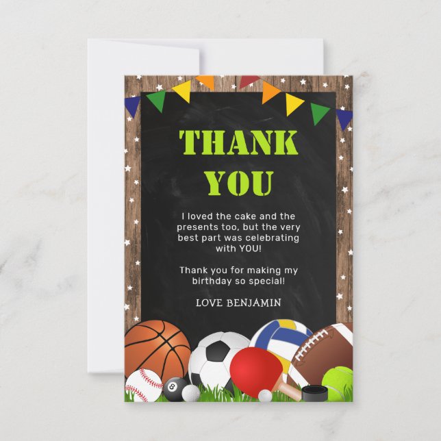 Tarjeta De Agradecimiento Cumpleaños infantil con temática deportiva rústica (Anverso)