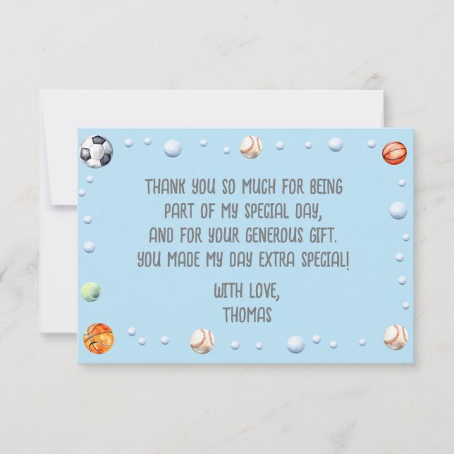 Tarjeta De Agradecimiento Cumpleaños infantil de deportes con pelota (Anverso)