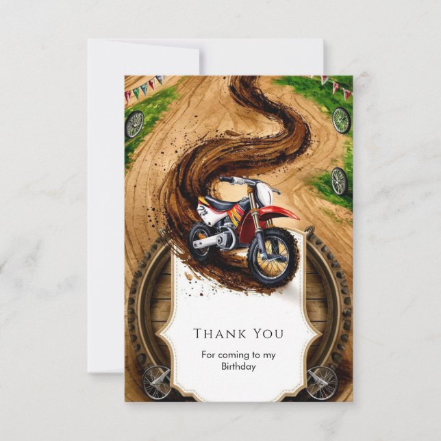Tarjeta De Agradecimiento Cumpleaños Infantil de Motocicletas Rápidas (Anverso)