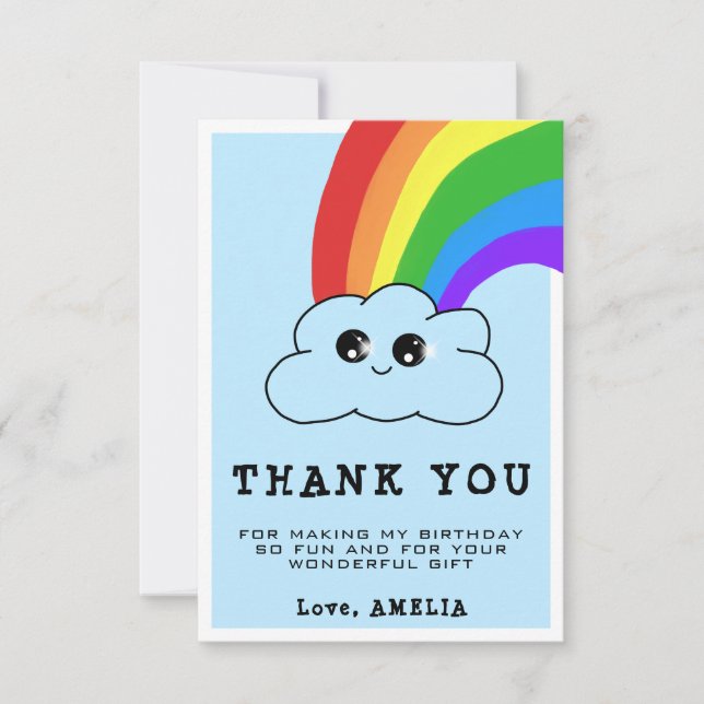 Tarjeta De Agradecimiento Cumpleaños infantil de nube arcoíris Kawaii  (Anverso)
