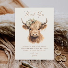 Tarjeta De Agradecimiento Cumpleaños infantil elegante Boho Highland Cow