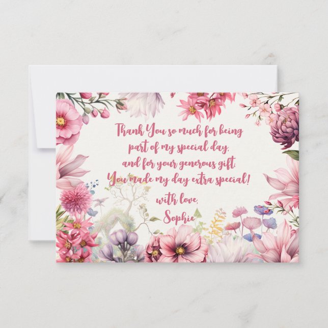 Tarjeta De Agradecimiento Cumpleaños infantil jardín de hadas acuarela (Anverso)