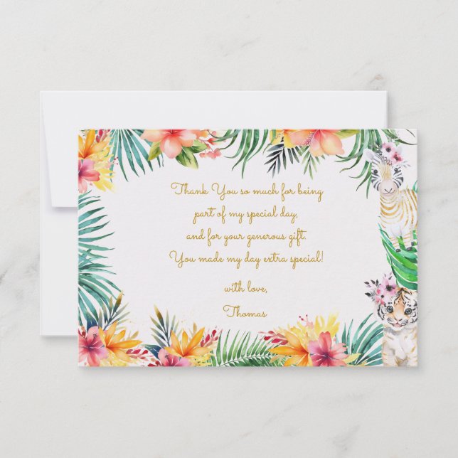 Tarjeta De Agradecimiento Cumpleaños infantil safari salvaje dorado acuarela (Anverso)