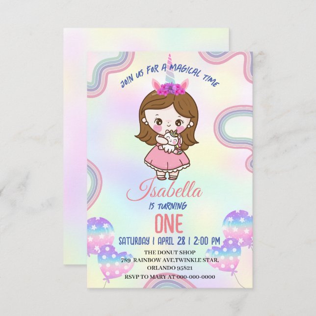 Tarjeta De Agradecimiento Cumpleaños kawaii rainbow unicorn Fiesta para Chic (Anverso / Reverso)