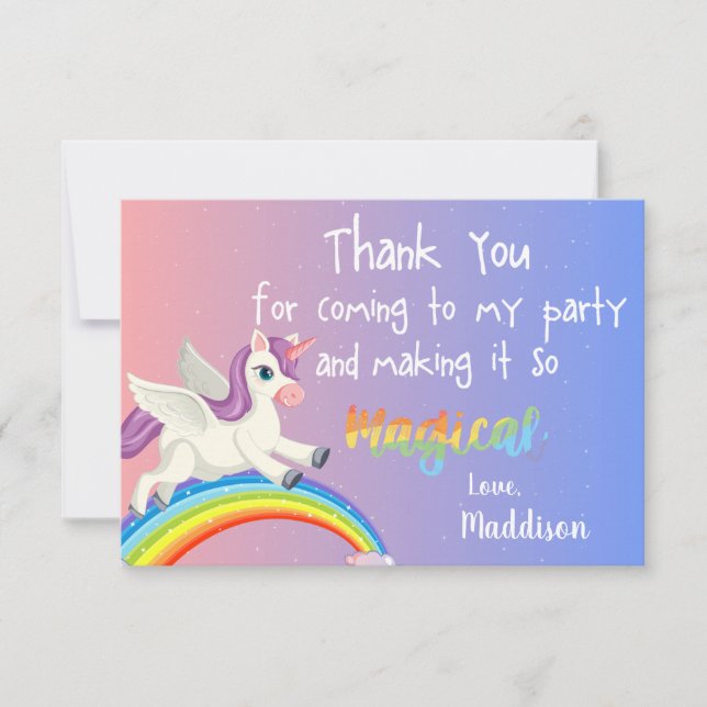 Tarjeta De Agradecimiento Cumpleaños Mágico Arcoíris Rosa Pastel Lindo Unico (Anverso)