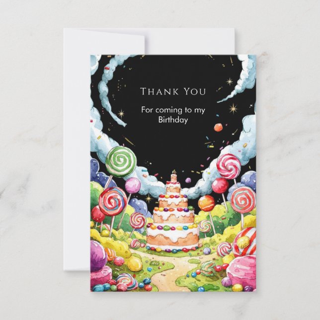 Tarjeta De Agradecimiento Cumpleaños Mágico de Caramelos Lindos (Anverso)