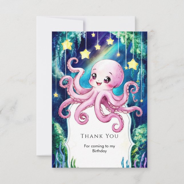 Tarjeta De Agradecimiento Cumpleaños mágico de pulpo para niños (Anverso)