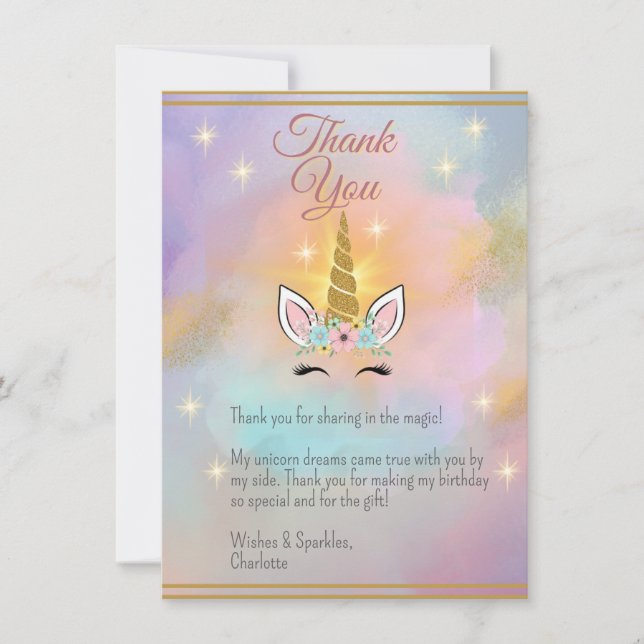 Tarjeta De Agradecimiento Cumpleaños mágico de unicornio (Anverso)