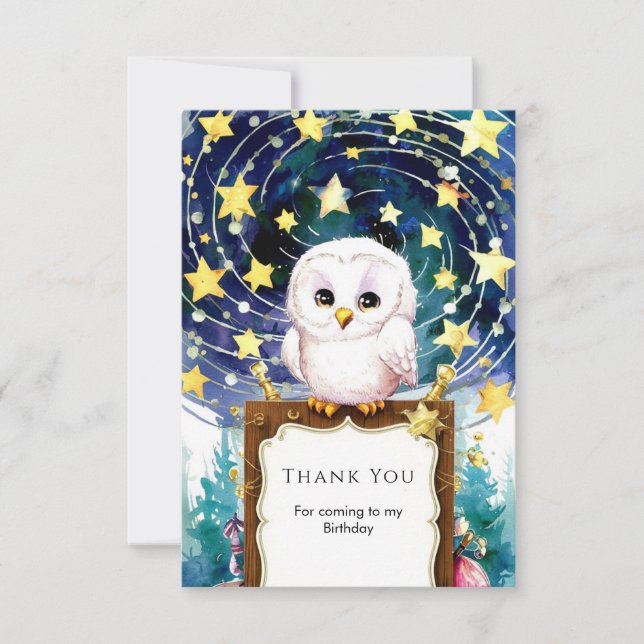 Tarjeta De Agradecimiento Cumpleaños Mágico del Búho para Niños (Anverso)