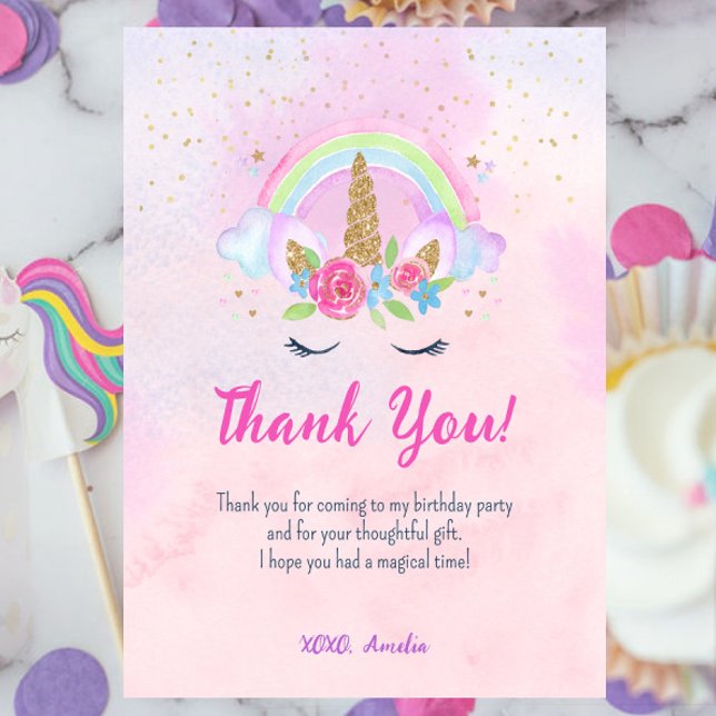 Tarjeta De Agradecimiento Cumpleaños Mágico Unicornio Arcoíris (Pink Magical Unicorn Rainbow Birthday Thank You Card)