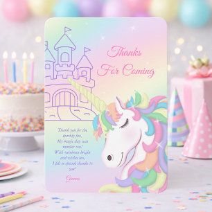 Tarjeta De Agradecimiento Cumpleaños Mágico Unicornio Arcoíris Pastel