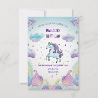Tarjeta De Agradecimiento Cumpleaños Mágico Unicornio Azul y Púrpura