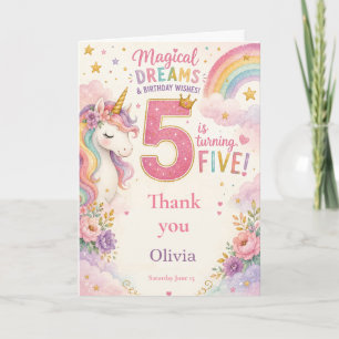 Tarjeta De Agradecimiento Cumpleaños Mágico Unicornio Quinto