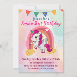 Tarjeta De Agradecimiento Cumpleaños Mágico Unicornios Acuarela Rosa 1er