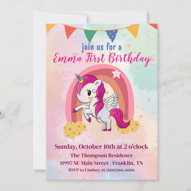 Tarjeta De Agradecimiento Cumpleaños Mágicos Unicornios Acuarela Rosa 1er (Anverso)