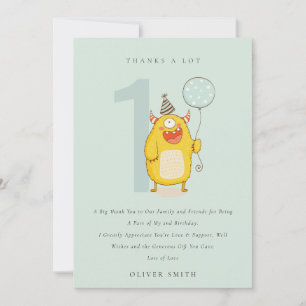 Tarjeta De Agradecimiento Cumpleaños Monstruo Amarillo Pequeño y Lindo para 