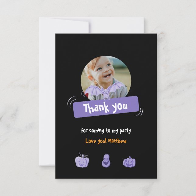 Tarjeta De Agradecimiento Cumpleaños morado y naranja de Halloween. Personal (Anverso)