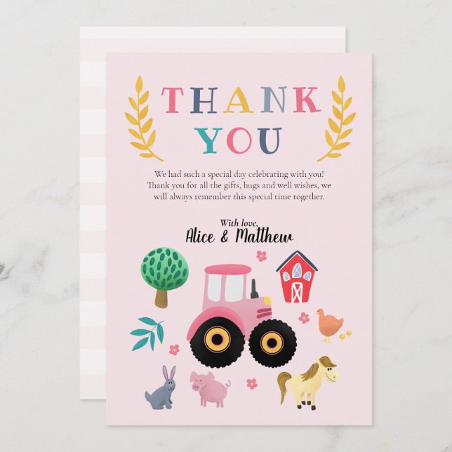 Tarjeta De Agradecimiento Cumpleaños Niñas Animales Granja Tractor Rosa Niño (Anverso / Reverso)