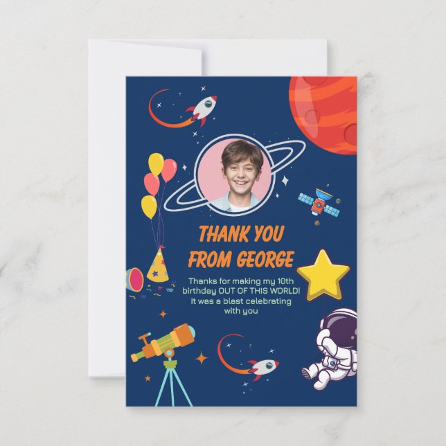 Tarjeta De Agradecimiento Cumpleaños Niños Planeta Cohete Galaxia Creativa A (Anverso)
